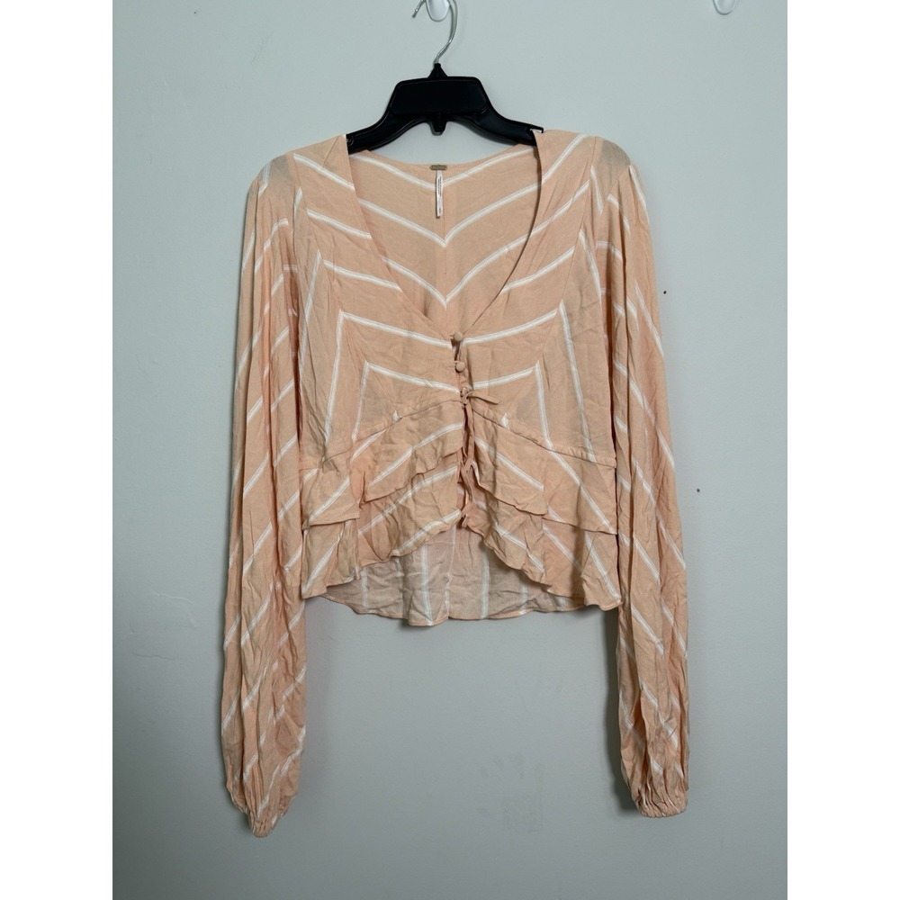 Free People Samifran Shirt Sz S Peach Long Sleeve Ruffle Boho Crop Festival Club - Picture 2 of 10